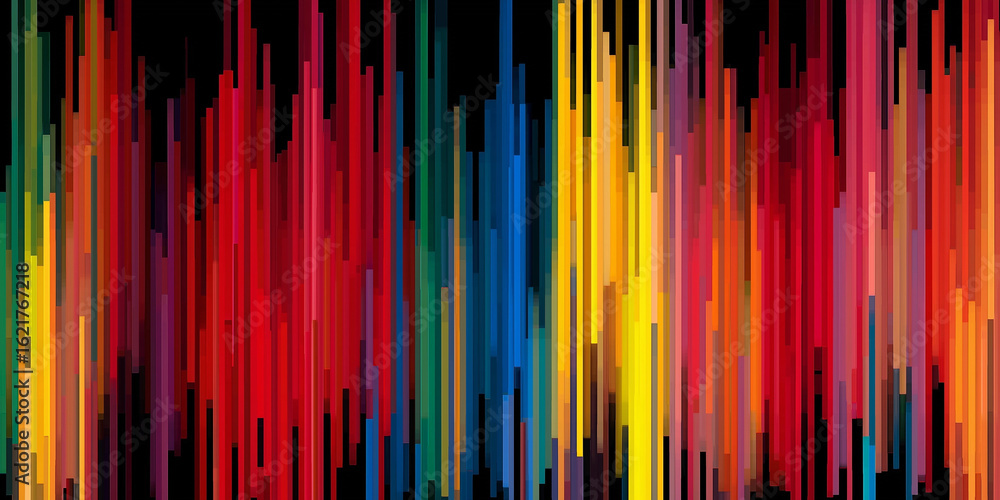 Poster vertical abstract color bands create vibrant digital noise effect, featuring spectrum of red, blue, 