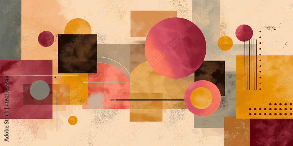 Poster abstract geometric artwork featuring warm hues and various shapes on pastel background, creating har