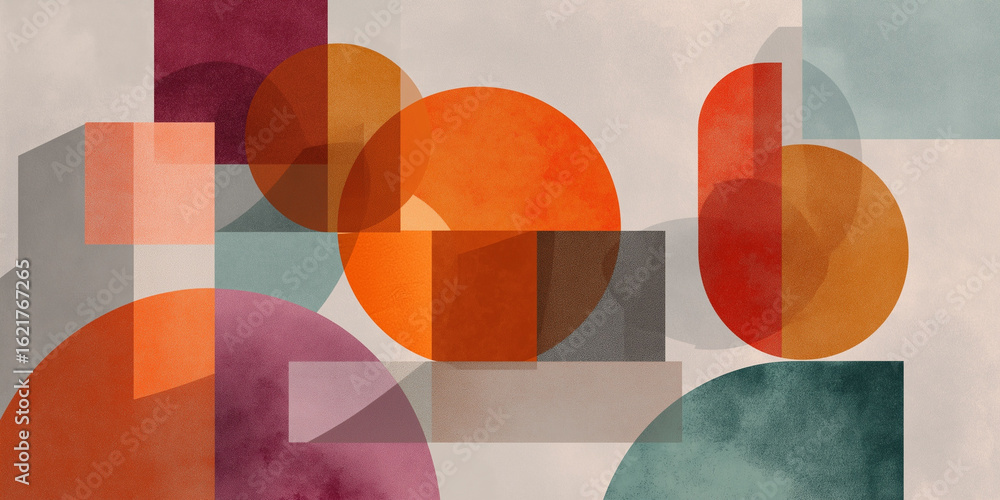 Poster Geometric abstract art with warm hues and pastel background, featuring overlapping circles and rectangles creating harmonious composition