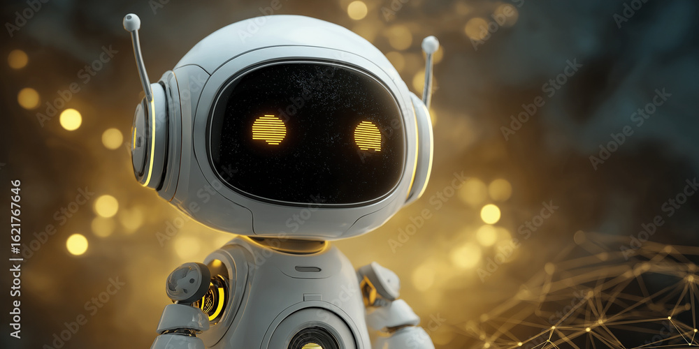 Poster cute, futuristic robot with glowing eyes stands against blurred background, showcasing advanced tech