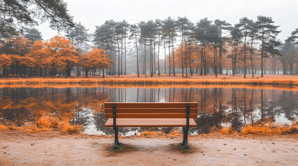Obraz premium Wooden bench by a pond in an autumnal park.