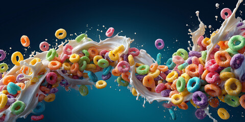 Colorful cereal loops and milk splash in motion create dynamic and vibrant scene against dark background, showcasing playful and energetic breakfast concept