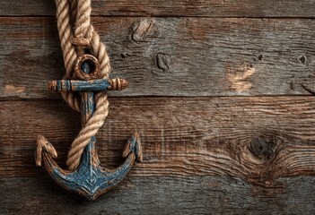 Nautical anchor on weathered wooden planks