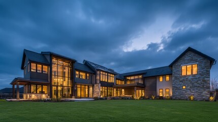 Contemporary suburban home at dusk, warm interior lights glowing through the windows.
