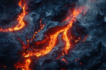 Obraz premium Molten rock flows across a volcanic landscape.