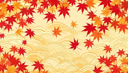 紅葉と流水模様の秋色和風背景