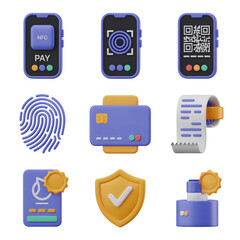 3d render of payment and security icons isolated on transparent background, modern design