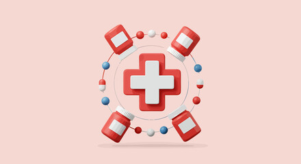 Obraz premium A 3D rendering of a red medical cross surrounded by pill bottles and pills on a light pink background, suggesting healthcare or medicine.