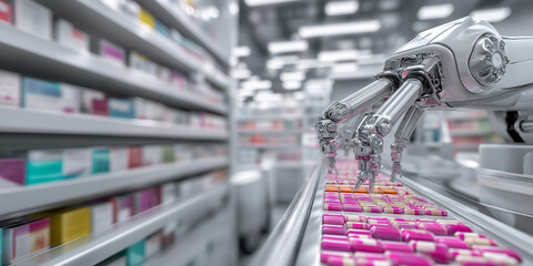 Modern pharmacy features robotic arms efficiently sorting pills on conveyor belt, showcasing advanced technology in clean, organized environment