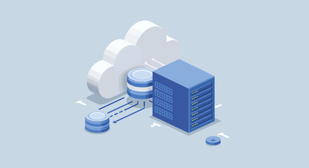 Isometric illustration of cloud computing with data server, databases, and network connections, representing data storage and transfer in a modern technological environment.