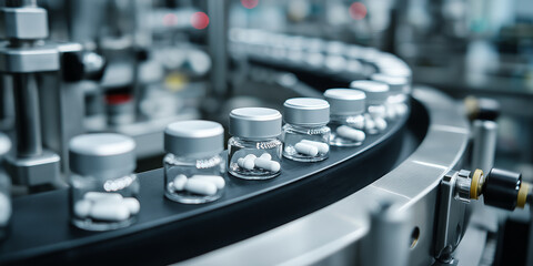 Pharmaceutical production line with pill bottles on conveyor in modern factory setting. image captures precision and efficiency of automated manufacturing processes