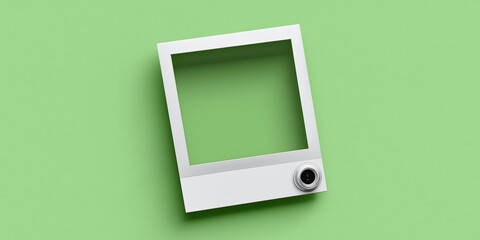 White Polaroid photo mockup with green chroma background and camera lens detail creates modern and creative design