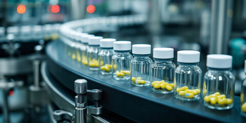 Production line with clear bottles containing yellow capsules moves along conveyor in pharmaceutical factory, showcasing efficiency and precision in manufacturing