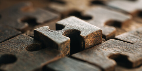 Close up of wooden puzzle pieces with one piece slightly out of alignment, creating sense of anticipation and curiosity. texture and grain of wood are clearly visible, adding rustic charm