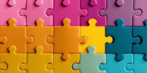Colorful interlocking puzzle pieces create vibrant pattern, showcasing variety of hues including pink, orange, yellow, and blue. arrangement is visually appealing and playful