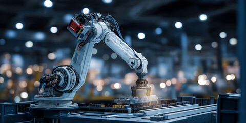 Robotic arm operates advanced manufacturing facility, showcasing automation and precision high tech environment. setting is illuminated with industrial lighting, highlighting machinery intricate