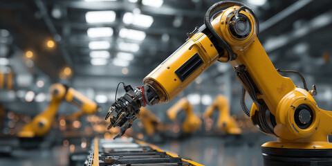 Yellow robotic arms industrial setting work assembly line, showcasing advanced automation and precision manufacturing. scene highlights efficiency and technological innovation modern factories