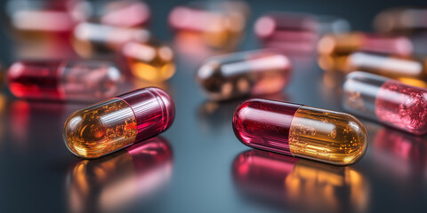 Colorful capsules with transparent shells containing liquid medicine are scattered on reflective surface, showcasing pharmaceutical innovation and modern healthcare solutions