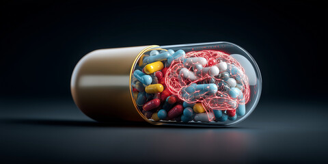 Large transparent capsule filled with colorful pills and glowing brain illustration symbolizes concept of enhancing intelligence through medication