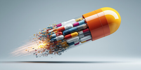Large capsule bursts open, releasing variety of colorful pills and tablets, symbolizing dynamic journey from drug design to production. image conveys innovation and speed