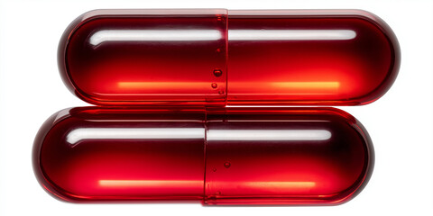 Two transparent red plastic capsules are stacked horizontally, showcasing their glossy surface and vibrant color. capsules are empty, highlighting their smooth texture and reflective quality