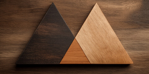Two wooden triangles, one dark and one light, rest on textured brown wooden background, creating harmonious geometric design. contrast between wood tones adds visual interest