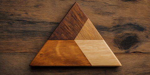 Two tone wooden triangle with geometric design rests on textured brown wooden background, showcasing blend of light and dark wood tones. craftsmanship highlights natural wood grain patterns