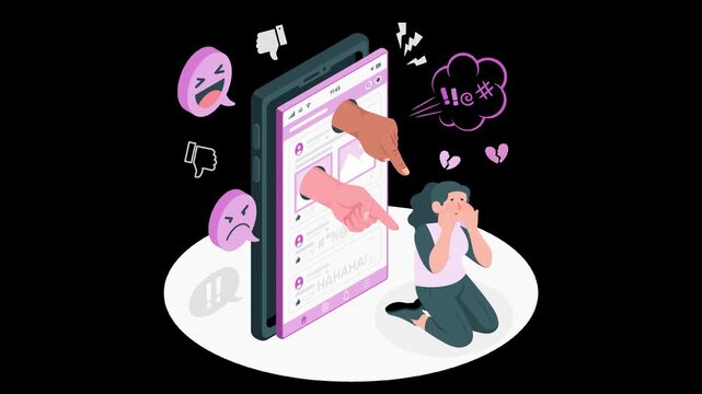 A distressed girl is the victim of cyberbullying and online hate animation 4k on alpha channel