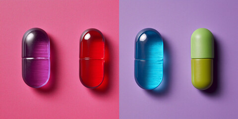 Colorful capsules in vibrant shades of purple, red, blue, and green are displayed against contrasting pink and purple backgrounds, creating striking visual effect