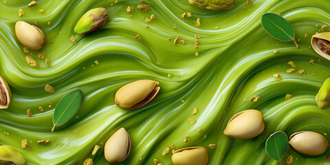 Vibrant, ultra realistic image of pistachios and green leaves on wavy, glossy green background, evoking fresh and natural feel