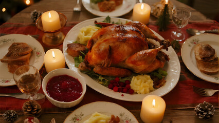 Traditional holiday dinner table with roasted turkey and candlelight