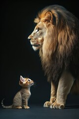 Curious kitten gazing up at a majestic lion, symbolizing innocence meeting power. The scene blends charm of youthful curiosity with awe inspiring presence of strength and authority.