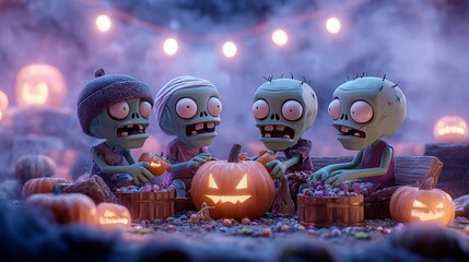 A group of zombies carving pumpkins in a foggy garden