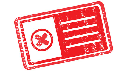 A red rubber stamp with rounded corners containing a white rectangle and a red x in a circle shape