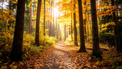 Obraz premium A peaceful forest path covered in golden autumn leaves with sunbeams filtering through the trees.