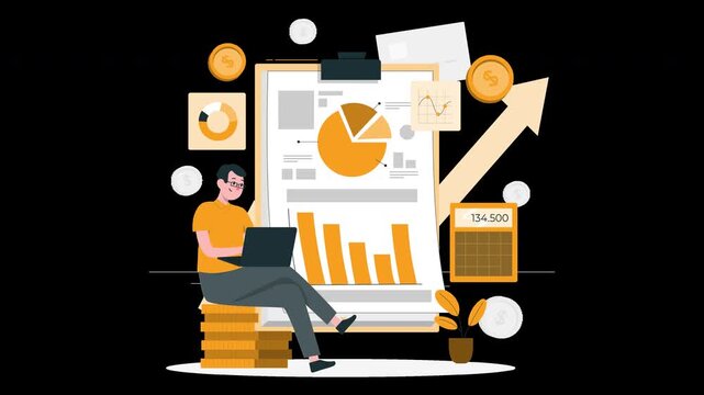 Man checking his financial situation on a computer, reviewing investments, financial analysis animation 4k on alpha channel