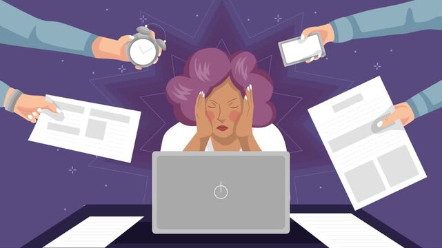 Woman stressed out from too much work, tired from work, anxiety, work-related stress animation 4k