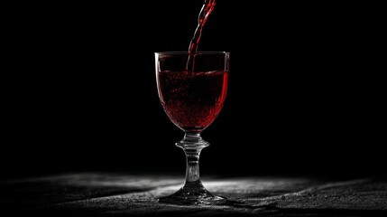 An elegant wine glass with rich red liquid, captured in a sophisticated still life with dramatic lighting.
