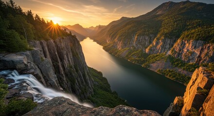 Scenic fjord with a waterfall at sunset surrounded by steep forested cliffs
