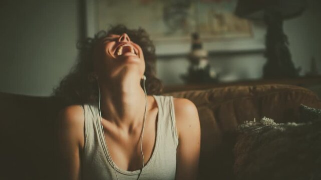 Joyful woman with curly hair laughing while listening to music at home indoors, showing happiness and relaxation in a cozy setting
