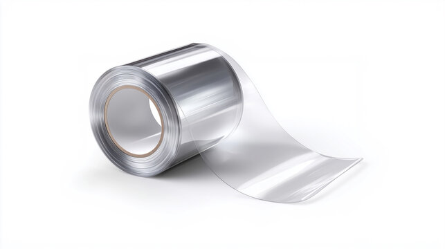 Roll of transparent glossy plastic film or vinyl for industrial packaging and manufacturing, isolated on white