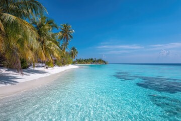 Fototapeta premium Tropical paradise beach scene. Crystal-clear turquoise water laps a pristine white sand beach, fringed by lush palm trees under a vibrant blue sky