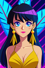 Glamorous Anime Girl in Neon Tropical Background – Vibrant Retro Vector Portrait
