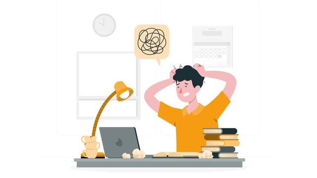 Man working on computer with stress, anxiety, and despair, emotional crisis, mental health 4K animation