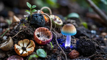 Enchanted Forest Floor with Glowing Mushroom and Decaying Fruit Organic Matter Decomposition Cycle Life and Death