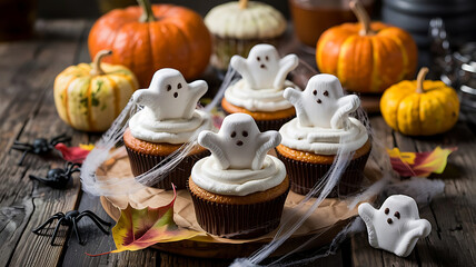 Festive Halloween Cupcakes with Ghost Marshmallows and Pumpkins for Spooky Holiday Celebration