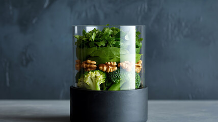 Fresh Green Smoothie Ingredients Ready to Blend Walnuts Spinach Parsley and Broccoli in a Glass Container