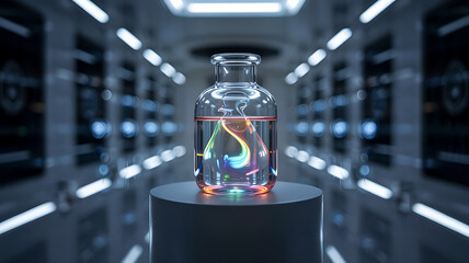 Futuristic Laboratory Experiment with Colorful Fluid in Glass Bottle Displayed in Clean Room Environment Science and Technology Illustration