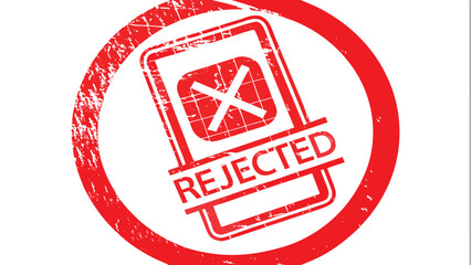 Red rejected stamp with a cross inside a rectangle and a circle around it on a white background