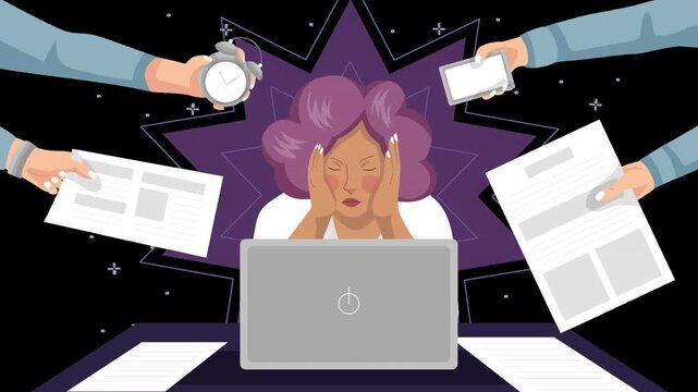 Woman stressed out from too much work, tired from work, anxiety, work-related stress animation 4k on alpha channel